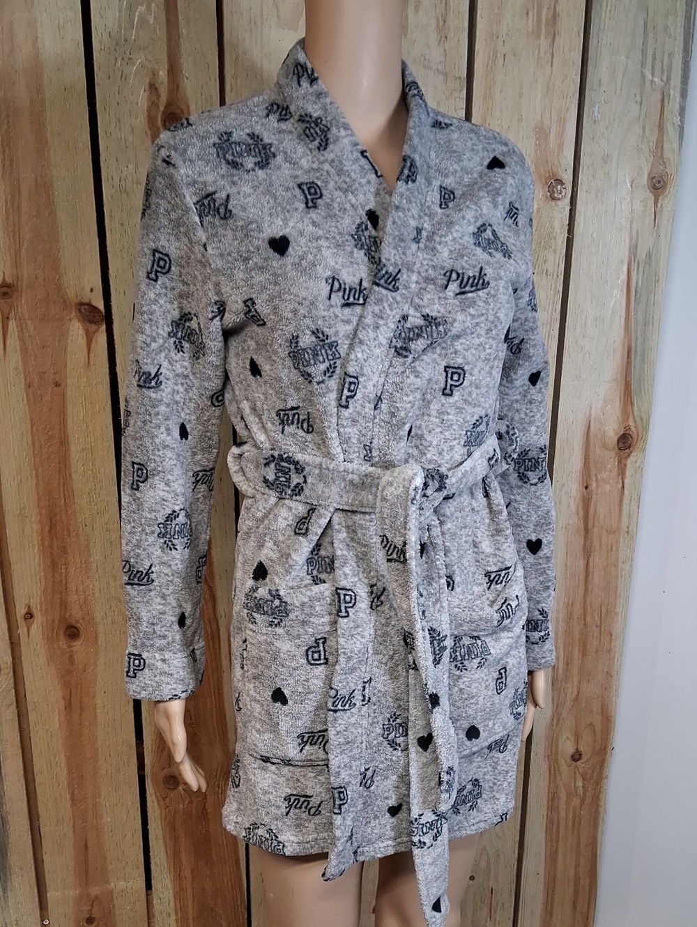 Victoria Secret PINK Co,y Fleece Short Robe All Over Logo Graphic Pattern Size S